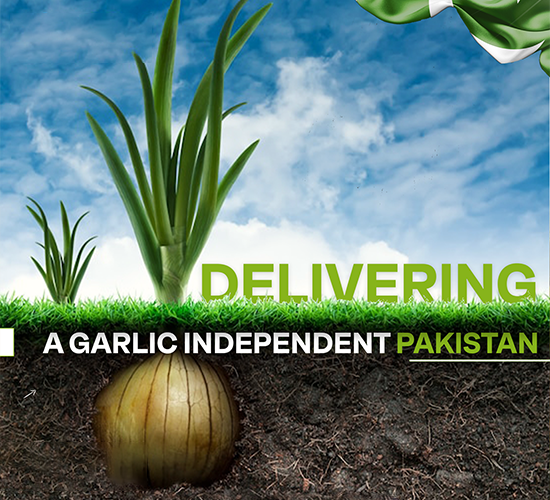 A garlic plant growing in rich soil with the tagline "Delivering a Garlic Independent Pakistan."