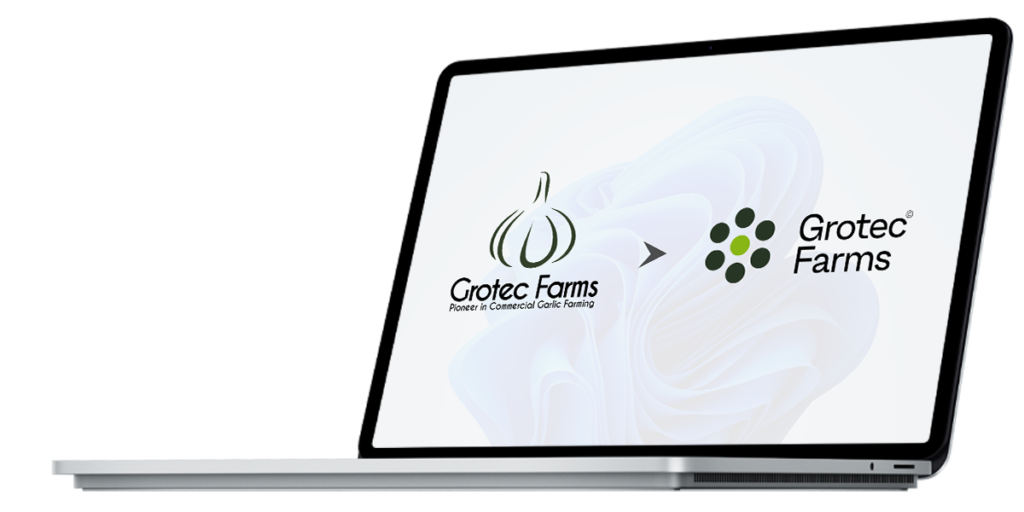 Laptop displaying the transformation of the Grotec Farms logo, symbolizing its rebranding journey led by Alev Digital.