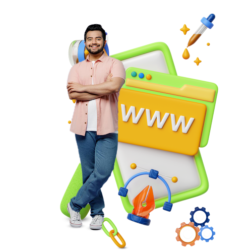 A smiling man standing confidently next to vibrant 3D elements, including a web browser icon with "WWW," design tools, and gears, symbolizing web design and development services.