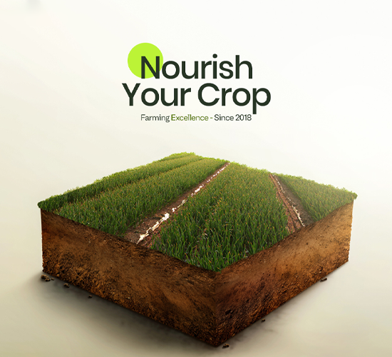 A 3D model of a soil block with vibrant green crops growing, paired with the tagline "Nourish Your Crop."