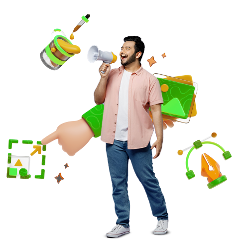 A cheerful man holding a megaphone surrounded by vibrant 3D design elements, including paint tools, a cursor, and layout icons, symbolizing UI/UX design services.