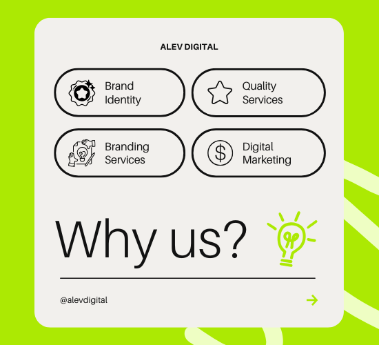 A vibrant green background with icons for branding, quality services, and digital marketing, titled "Why Us?"