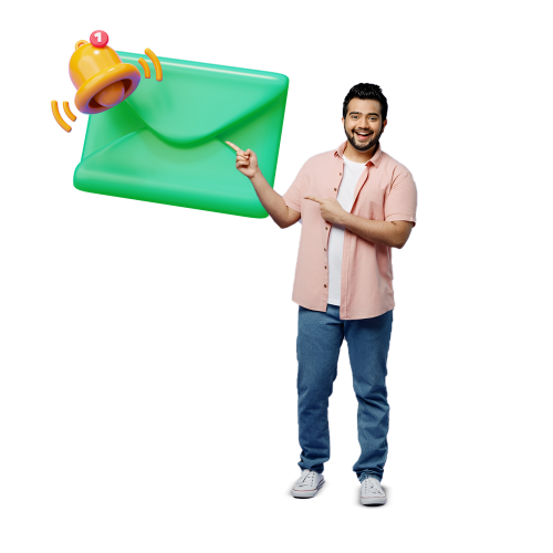 A smiling man in casual attire pointing at a large green envelope with a notification bell, symbolizing email alerts and targeted marketing communication.