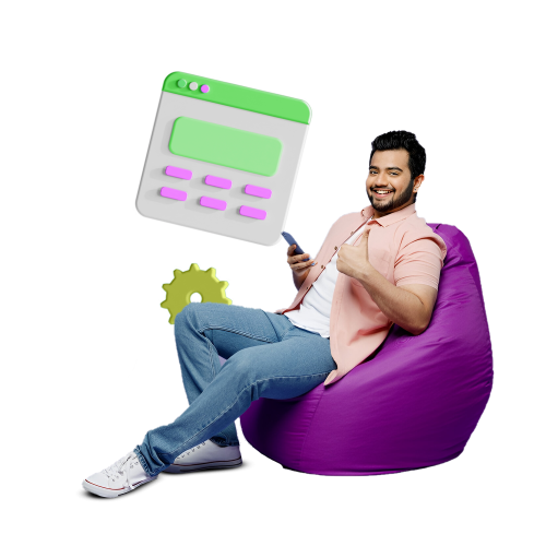 A smiling man sitting on a purple beanbag holding a smartphone, surrounded by 3D icons of a website layout and a gear, representing WordPress development services.